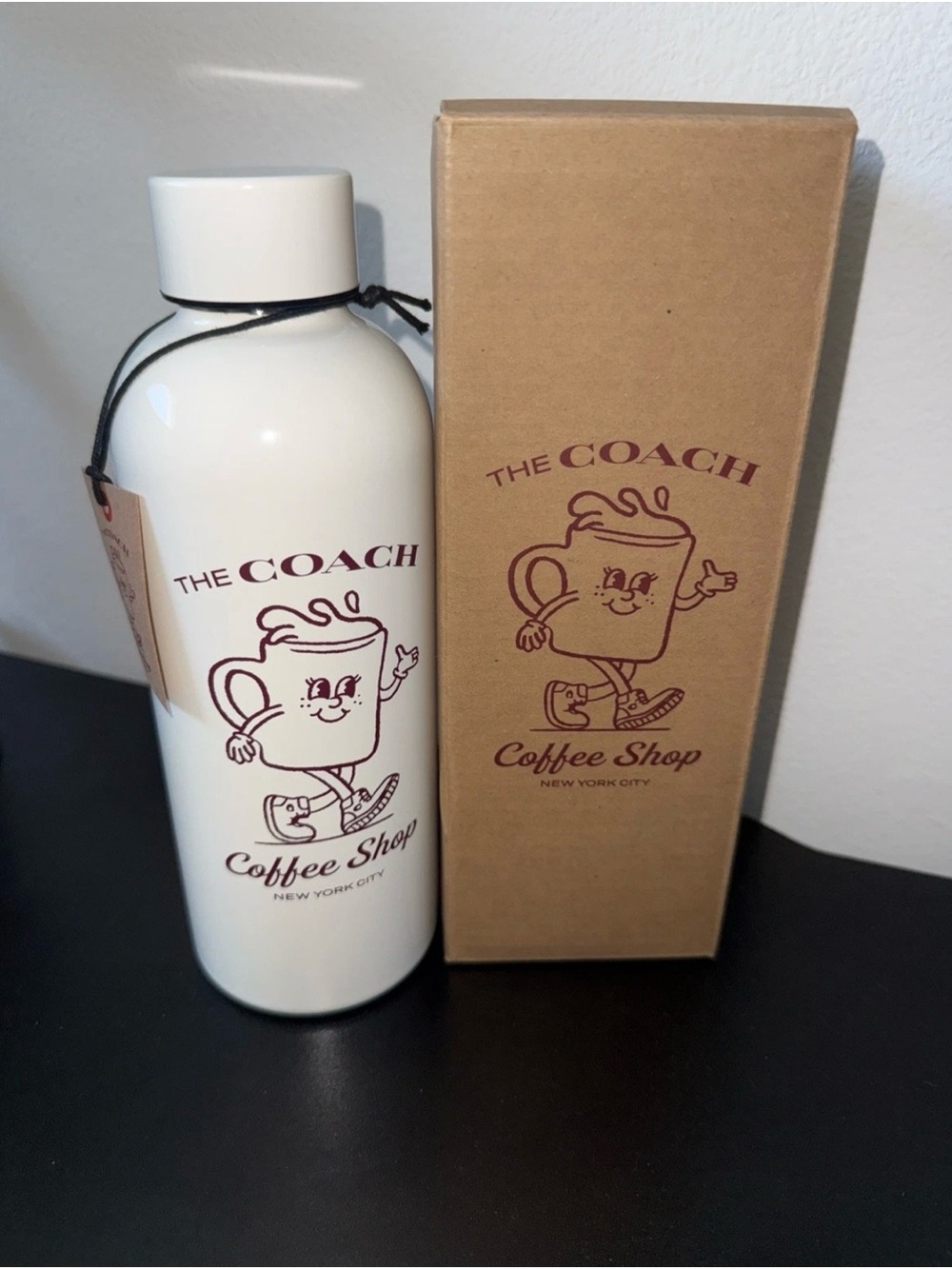 Coach White & Burgundy Coffee Shop Stainless Bottle